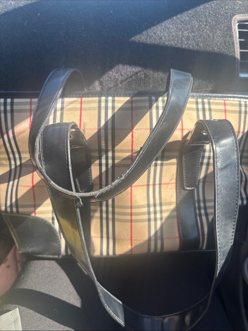Burberry Tan Check Messenger Tote with Black Leather Trim - Picture 6 of 7